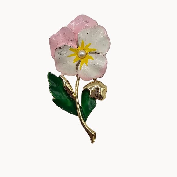Gerrys Jewelry - Vtg Pansy Floral Brooch Pin Signed Gerrys Retro Feminine Coquette 60s Pink White